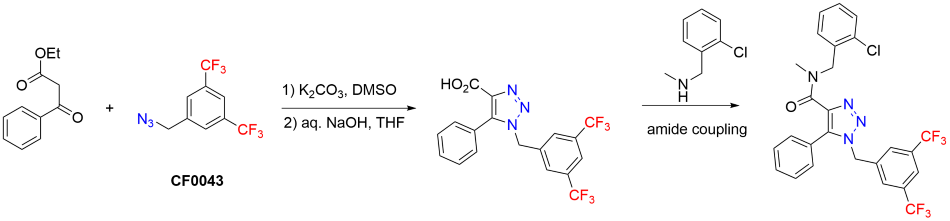 Reaction scheme example of 3,5-bis(trifluoromethyl)benzyl azide used as a key starting material in the synthesis of Elli Lilly´s neurokinin-1 antagonists