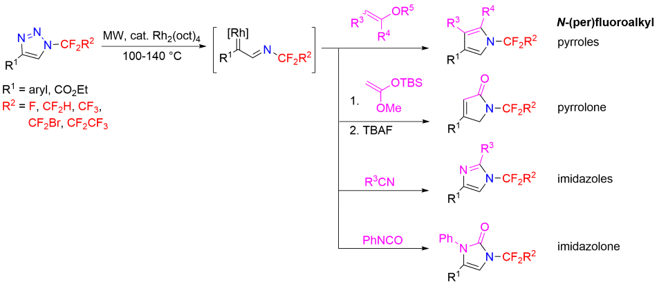 Denitrogenative ring opening under microwave conditions using a Rhodium catalyst with generic pyrrole, pyrrolone, imidazole, and imidazolone products