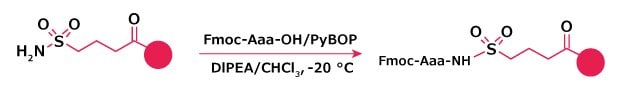 Reaction scheme showing activation of the sulfamyl linker and coupling of an amino acid to form the aminoacyl‑sulfamyl resin.