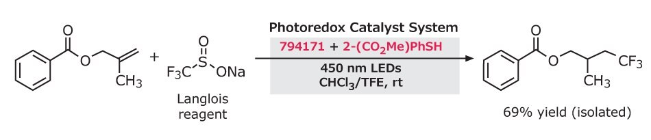 Black-on-white scheme shows labeled reactants, catalyst box, conditions, and product structure with CF₃ group and noted 69% yield.