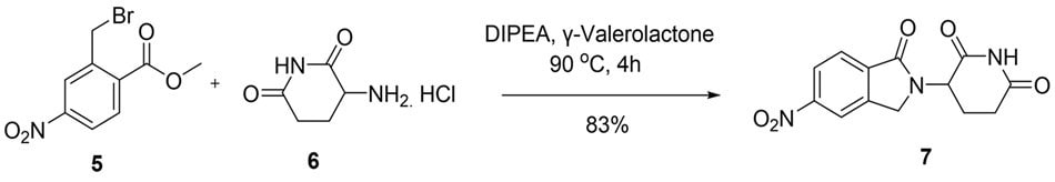 Synthesis scheme showing substitution reaction of 2-(bromomethyl)-4-nitrobenzoate (5) with 3-aminoglutarimide hydrochloride (6) in γ-valerolactone to form compound 7 with 83% yield.