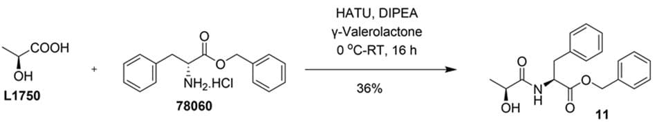 Synthesis scheme showing amidation of (S)-2-hydroxypropanoic acid (L1750) with benzyl L-phenylalaninate  in γ-valerolactone using HATU and DIPEA to form compound 11 with 36% yield.