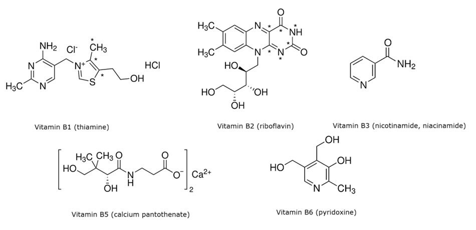 Chemical structures of B vitamins Chemical structures of vitamin B1 thiamine, vitamin B2 riboflavin, vitamin B3 nicotinamide, vitamin B5 calcium pantothenate, and vitamin B6 pyridoxine.