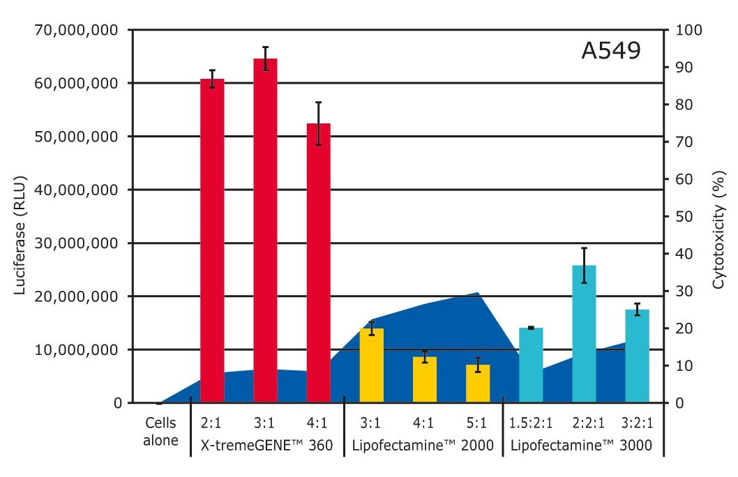 X-tremeGENETM 360 transfection reagent competitor comparison X-tremeGENETM 360 outperforms Lipofectamine® reagents in A549 cells.