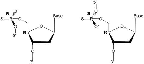 图 2.一个核苷酸间键的立体异构α-磷。随机R和S构型产生非对映异构体。