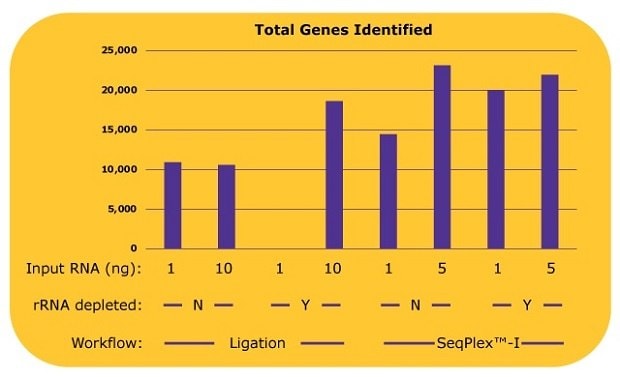 Total gene identification for WTA workflows with or without previous rRNA depletion step.