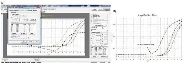 Typical example of data dropping below the zero normalized fluorescence reading when the baseline setting is incorrect 