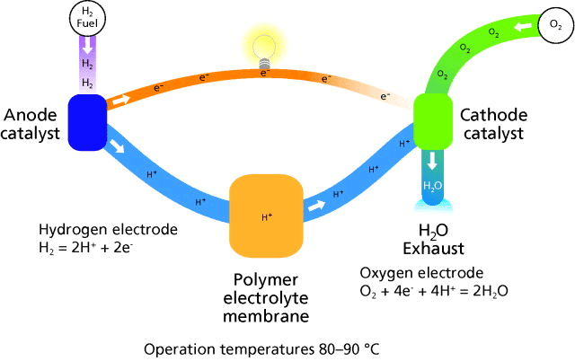 Schematic of a typical polymeric electrolyte membrane (PEM) fuel cell.