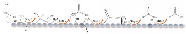 Schematic representation of the pathways of ethanol oxidation on the metallic catalytic surface.