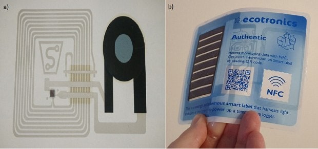 A) paper anti-counterfeit label with electrochromic display and NFC antennae B) PLA logger w/ OPV panel, supercapacitor & NFC