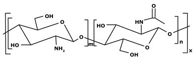 Chitosan chemical structure Polymer structure of chitosan showing repeating glucosamine units with hydroxyl and amine functional groups.