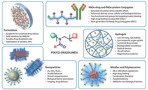 Overview of the main strategies that PAOx offer for drug delivery applications. The remarkable ability to tailor the material properties offered by PAOx accounts for their applicability in a diverse set of drug delivery approaches. Overview of the main strategies that PAOx offer for drug delivery applications