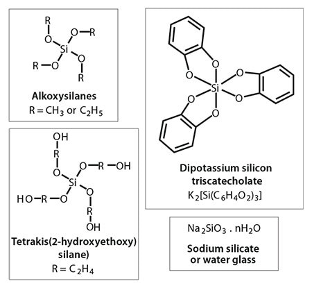Chemistries of silica precursors typically used in bio-inspired silica synthesis. Chemistries of silica precursors typically used in bio-inspired silica synthesis.