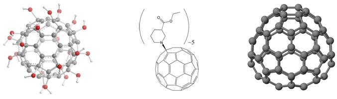 Left: Water-soluble polyhydroxylfullerene SGF example. Middle: Organic Soluble SGF ester. Right: C74, an example of a fullerene present within the un-functionalized SGF.