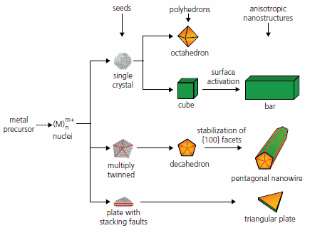 Schematic illustration of the reaction pathways that lead to face-centered cubic metal nanostructures with different morphologies.