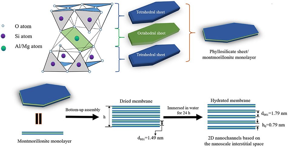 Structure diagram of MMT crystal and schematic illustration of the construction of the 2D nanochannel arrays based on the lamellar MMT membrane