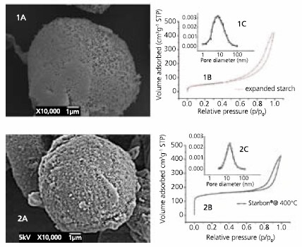 Textural properties of 1) mesoporous expanded starch a) SEM; b) isotherm of adsorption; c) BJH desorption isotherm and 2) Starbon® prepared at 400°C a) SEM; b) isotherm of adsorption; c) BJH desorption isotherm.