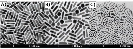 TEM’s of gold nanorods illustrating selection bias. A) Section of TEM grid indicates high purity rod synthesis. B) Different section of same grid shown by (A) indicates a large number of impurities in sample. C) TEM demonstrates shape segregation drying pattern on TEM grid. TEM’s of gold nanorods illustrating selection bias