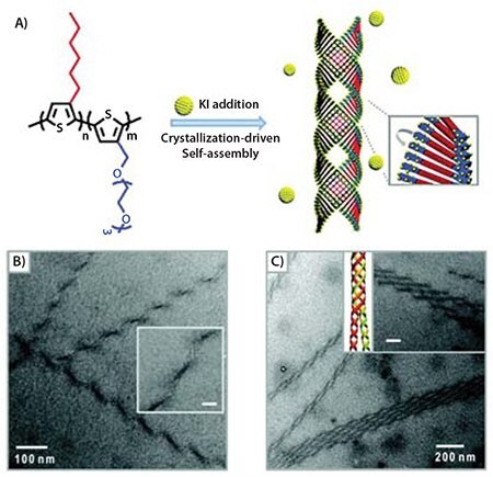 A) Molecular structure of P3HT-b-P3(TEG)T diblock copolymers and schematic representation of their assembly into superhelical structures through crystallization in the presence of potassium ions. B) TEM images of copolymer after addition of KI revealed helical ribbons with a regular pitch. Inset: magnified image (scale bar: 20 nm). C) TEM image of multiple-stranded helices. Inset: TEM image and schematic showing association of double helices into quadruple superhelices (scale bar: 100 nm).