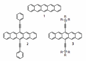 Pentacene (1), phenylethynyl pentacene (2) and silylethynyl pentacenes (3). Pentacene (1), phenylethynyl pentacene (2) and silylethynyl pentacenes (3).