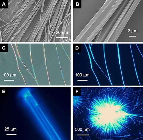 (A, B) SEM, (C) optical and (D–F) fluorescent images of the microfibers of BTPE obtained by slow evaporation of its THF/ethanol solutions on (A, B) copper grids and (C–F) quartz plates