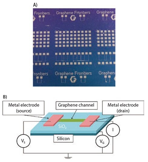 Graphene field effect transistors (GFET). A) Chips with 30 GFETs. B) Structure of GFET. Graphene field effect transistors (GFET)