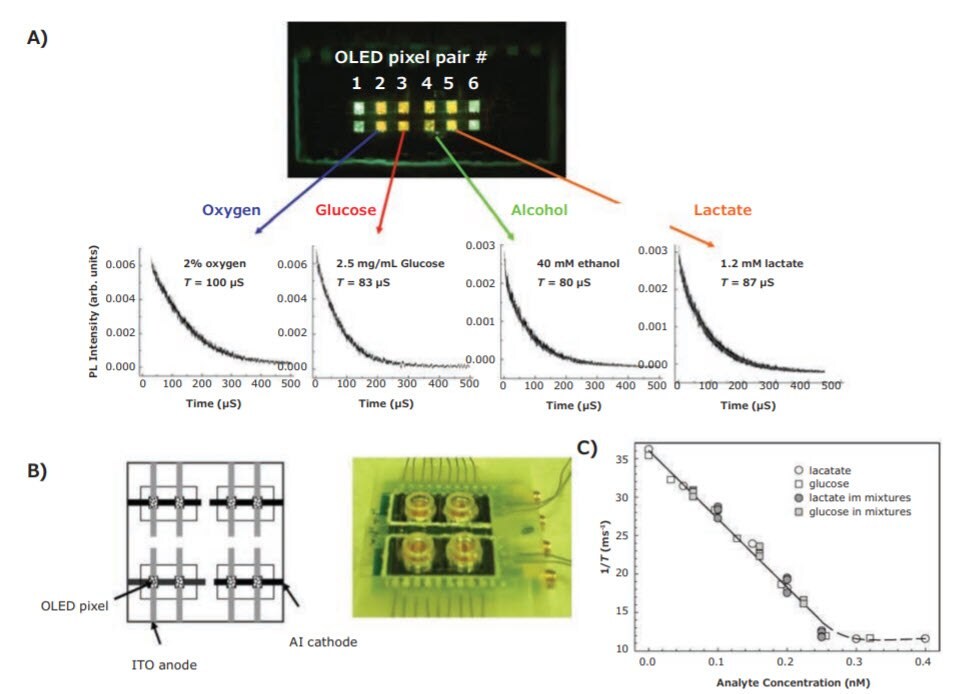 PL-based multianalyte detection of oxygen, glucose, ethanol, and lactate, using a structurally integrated OLED-based platform.