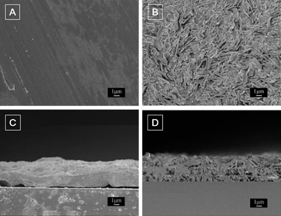 (A and B) Top view and (C and D) side view of SEM images of HPS film produced by spin-coating its solution without (A and C) and with (B and D) ethanol fuming