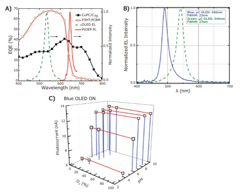 spectrum EQEs of CuPc/C70 and P3HT:PCBM based OPDs. The device structures are ITO/1 nm LiF/15 nm CuPc/30 nm C70/3.5 nm BPhen/120 nm Al and ITO/PEDOT:PSS/P3HT:PCBM/ Ca/Al. Also shown are the EL of the green µC OLED (green dashed line) and red PL of the PtOEP:PEG:PS sensing film (red line). B) The EL of the green and blue µC OLEDs. C) The signal intensity detected by the P3HT:PCBM OPD at different O2 and pH levels with the blue µC OLED. Reprinted with permission from reference 8, copyright 2013 Elsevier B.V.