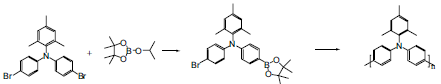 Synthesis of Poly(bis(4-phenyl)(2,4,6-trimethylphenyl)amine) by palladium catalyzed Suzuki coupling.