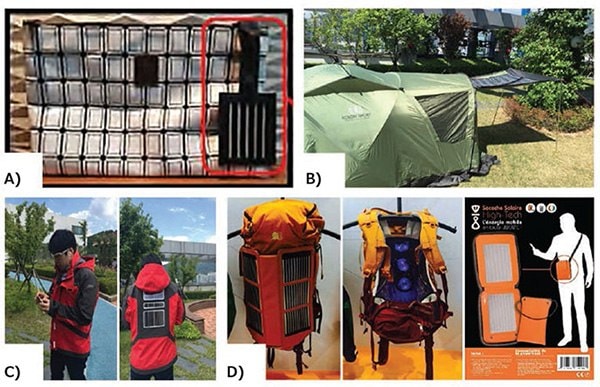 <b>A)</b> Tailor-made smart bag by Kolon Industries, integrating organic solar module energy-harvester (wrapped by red rectangle) and NFC technology. <b>B)</b> Star Tent by Kolon Industries, integrating LED lighting with OPV as the energy-source. <b>C)</b> Smart jacket integrating an OPV module, LED, and Bluetooth by Kolon Industries. <b>D)</b> Backpack by Kolon Industries, integrating OPV as power source for cooling fans. <b>E)</b> Solar bag designed and manufactured by Armor using ASCA<sup>©</sup> photovoltaic films as source of energy. Various products using OPV technology