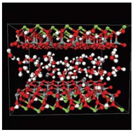 Molecular model5 of Hydrated Montmorillonite clay [(Mg0.33Al1.67)Si4O10(OH)2]Na0.33]. The clay layers are separated by a layer of water molecules.