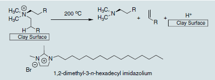 Hofmann Degradation of alkyl ammonium on clay surface and thermally stable imidazolium cation treatment.