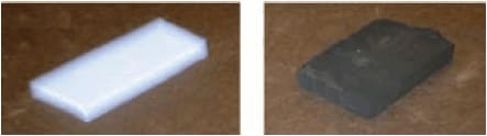 Photographs showing un-doped (left) and carbon-doped (right) ultra-low density SiO2 network material.