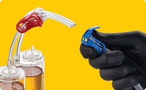 Velax® cutting clamp on Steritest® NEO devices for sterility testing Cutting sterility testing tubes with a clamp