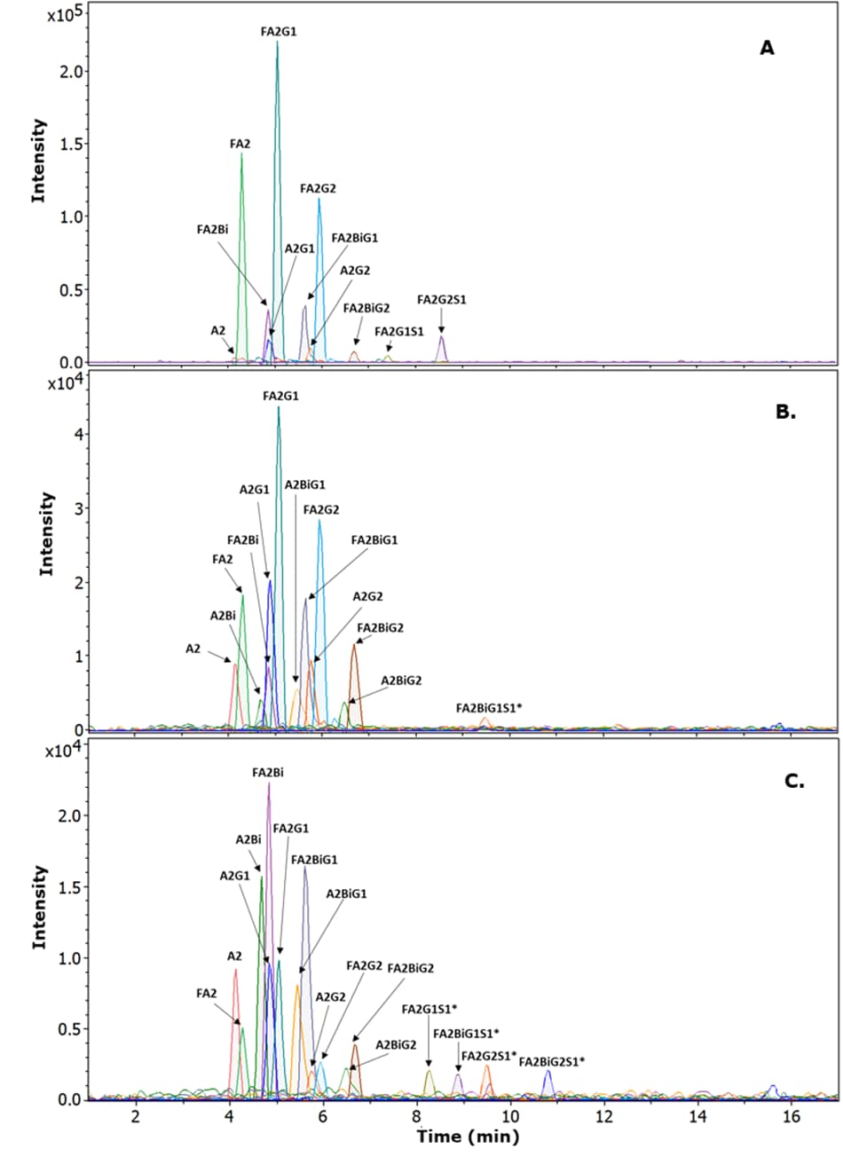 Chromatograms from IgGs LC-MS chromatograms showing N-glycan profiles from human, rabbit, and goat IgG with labeled glycan peaks and extracted ion traces.