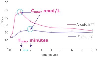 Amount of Arcofolin<sup>®</sup>A Amount of Arcofolin® | Comparison of the rate absorption (A), the amount (B) of Arcofolin® and folic acid in plasma, and the presence of UMFA (C)