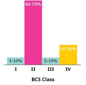 5-10% of drug substances in the pipeline are in BCS Class I, 60-70% are BCS Class 2, 5-10% are BCS Class 3, and 10-20% are BCS Class 4.