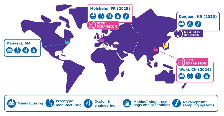 A world map showing manufacturing locations for single-use solutions in Danvers, USA, Molsheim, France, Wuxi, China, and Daejeon, South Korea.
