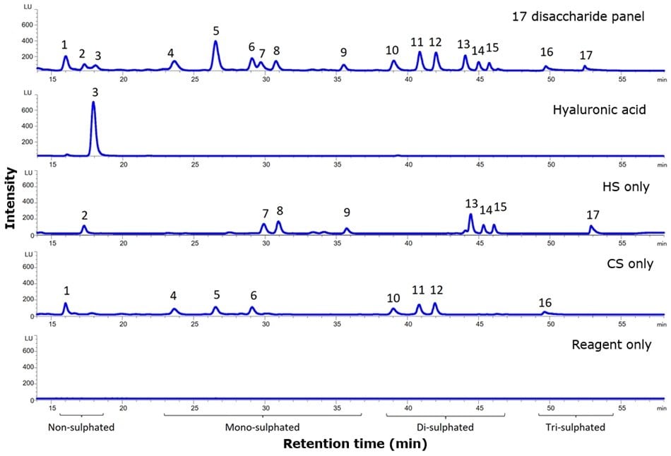 Chromatograms labeled “17 disaccharide panel”, “Hyaluronic acid”, “HS only”, “CS only”, and “Reagent only” showing intensity (LU) vs time (min) with peaks numbered 1–17; regions marked Non-sulphated, Mono-sulphated, Di-sulphated, and Tri-sulphated.
