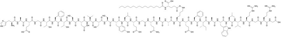 Chemical structure of liraglutide peptide showing amino acid sequence with lipid side chain modification.