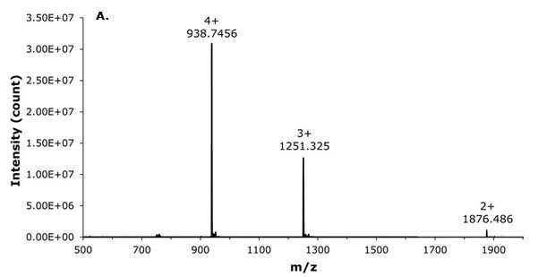 Mass spectrum of liraglutide showing peaks for charge states 4+, 3+, and 2+ with corresponding m/z values.