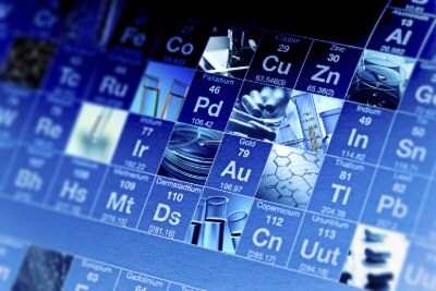 Inorganic elements in tap water A close-up view of a periodic table featuring various elements, with images representing selected elements, set against a blue background.