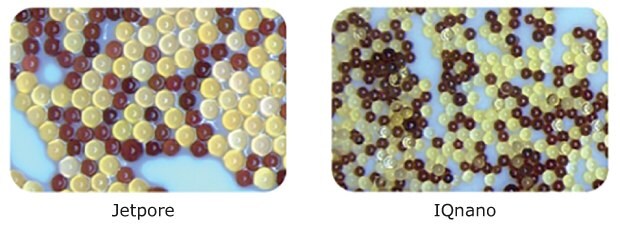 Close-up view of Jetpore (left) and IQnano (right) mixed-bed ion exchange resins, showcasing colored, spherical particles and demonstrating that IQnano beads are smaller than Jetpore beads
