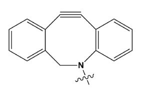 Black line drawing of DBCO showing three fused aromatic rings with a central nitrogen and a wavy line beneath it indicating a possible bond.