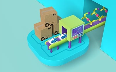 A CGI platform representing the Designed RelyAbility you can get with Conferma<sup>®</sup> ELISAs. Platform features a conveyer belt coming out of a wall with an illustration of sandwich ELISAs on one side going through a compartment with a screen on it showing a single curve graph. Millipore<sup>®</sup> kit boxes are coming out of the other side of the compartment. Plain carboard boxes are stacked in the background.