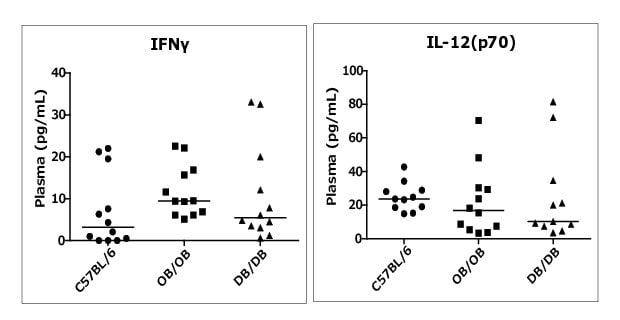 Data showing how the MILLIPLEX® Mouse High Sensitivity T Cell Panel performed in a diabetic mouse model. OB/OB obese mice cannot produce the hormone leptin which inhibits hunger. In DB/DB diabetic obese mice, the leptin receptor is inactive. OB/OB, DB/DB, and C57Bl/6 control mice were from Bioreclamation IVT, Westbury, NY.