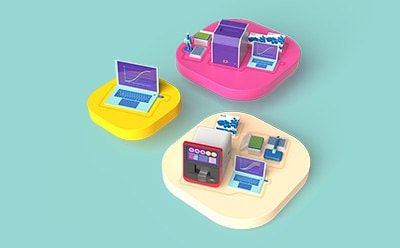 Multiple CGI platforms representing the Expert CustomAbility you can get Custom Assay Development & Innovation (CADI) Services. Platforms are hovering next to each other. Platform to the right features the xMAP<sup>®</sup> INTELLIFLEX<sup>®</sup> instrument, a laptop with a multiple curve graph on the screen, multichannel pipette, Millipore<sup>®</sup> kit boxes, a well plate, and a pipette tip box. Platform to the back features the SMCxPRO<sup>®</sup> instrument, a laptop with a single curve graph on the screen, a single pipette on a stand, Millipore<sup>®</sup> kit boxes, a well plate, and a pipette tip box. Platform to the left features a single laptop with a dongle attached. On the screen is a single s-curve graph.