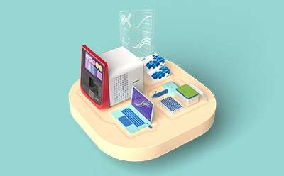 A CGI platform representing the Genuine PlexAbility you can get with MILLIPLEX<sup>®</sup> Multiplex Assays and Luminex<sup>®</sup> instrumentation. Platform features the xMAP<sup>®</sup> INTELLIFLEX<sup>®</sup> instrument, a laptop with a  multiple curve graph on the screen, multichannel pipette, Millipore<sup>®</sup> kit boxes, a well plate, and a pipette tip box. A transparent screen is shown above the instrument featuring various curve graphs, a box and whisker graph, and a drawing of a generic antibody.