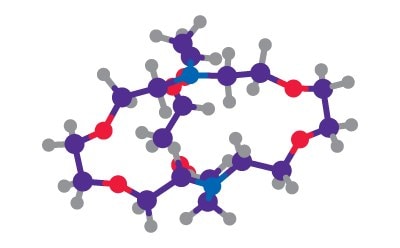 Molecular structure of Kryptofix® 222, featuring interconnected atoms with red oxygen, blue nitrogen, gray carbon, and turquoise hydrogen spheres.